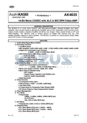 AK4635 datasheet - 16-Bit Mono CODEC with ALC & MIC/SPK/Video-AMP