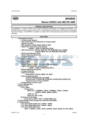 AK4645 datasheet - Stereo CODEC with MIC/HP-AMP