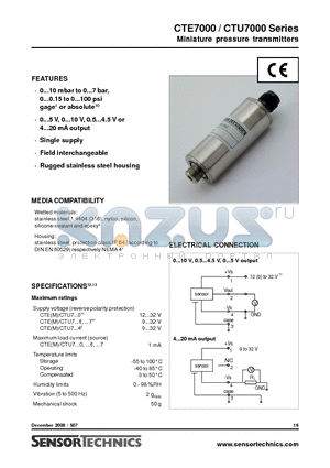 CTUM7N010AF6 datasheet - Miniature pressure transmitters