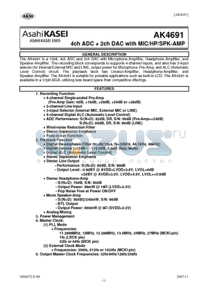 AK4691 datasheet - 4ch ADC  2ch DAC with MIC/HP/SPK-AMP