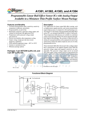 A1381 datasheet - Programmable Linear Hall Effect Sensors with Analog Output Available in a Miniature Thin Profile Surface Mount Package