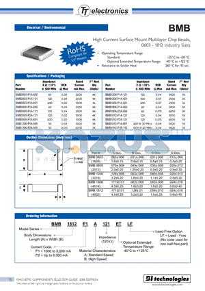 BMB0603P1A600ETLF datasheet - High Current Surface Mount Multilayer Chip Beads, 0603 - 1812 Industry Sizes