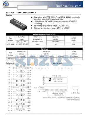 50PT1150AX datasheet - 50 PIN DIP ETHERNET 10/100 BASE-TX HIGH SPEED LAN MAGNETICS