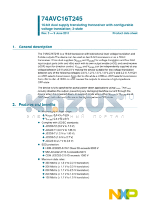 74AVC16T245DGG datasheet - 16-bit dual supply translating transceiver with configurable voltage translation; 3-state