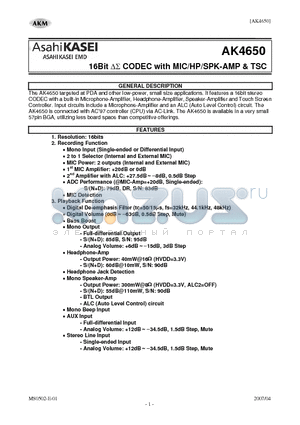AK4650VG datasheet - 16Bit DS CODEC with MIC/HP/SPK-AMP & TSC