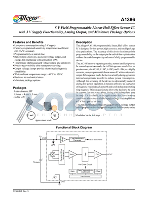 A1386 datasheet - 5 V Field-Programmable Linear Hall Effect Sensor IC with 3 V Supply Functionality, Analog Output, and Miniature Package Options