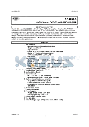 AK4665A datasheet - 20-Bit Stereo CODEC with MIC/HP-AMP