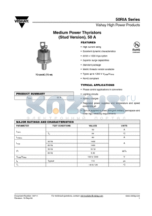 50RIA datasheet - Medium Power Thyristors (Stud Version), 50 A