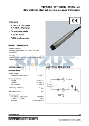 CTUM9100G4CXS datasheet - OEM stainless steel submersible pressure transducers