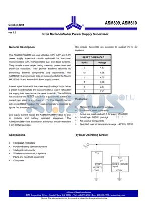 ASM809 datasheet - 3 Pin Microcontroller Power Supply Supervisor