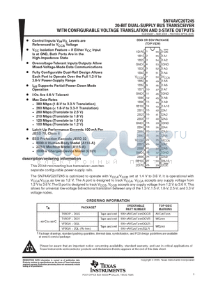 74AVC20T245DGVRG4 datasheet - 20-BIT DUAL-SUPPLY BUS TRANSCEIVER WITH CONFIGURABLE VOLTAGE TRANSLATION AND 3-STATE OUTPUTS