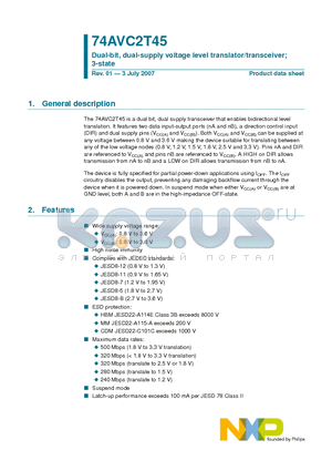 74AVC2T45 datasheet - Dual-bit, dual-supply voltage level translator/transceiver; 3-state