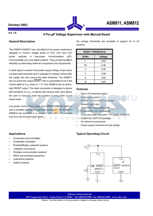 ASM811 datasheet - 4 Pin P Voltage Supervisor with Manual Reset