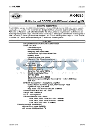 AK4685 datasheet - Multi-channel CODEC with Differential Analog I/O