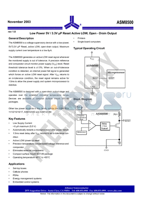 ASM8500 datasheet - Low Power 5V / 3.3V uP Reset Active LOW, Open - Drain Output