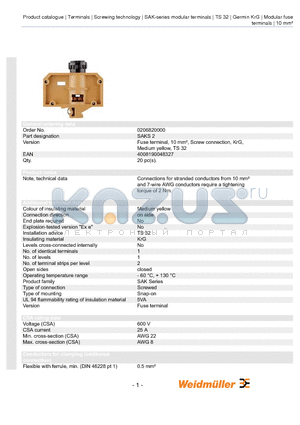 0162220000 datasheet - Fuse terminal, 10 mmb, Screw connection, KrG, Medium yellow, TS 32