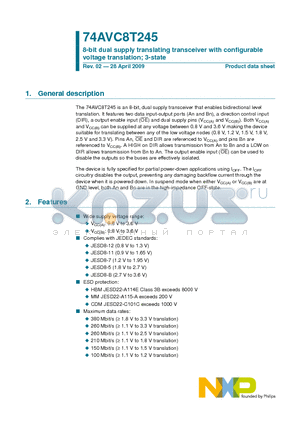 74AVC8T245PW datasheet - 8-bit dual supply translating transceiver with configurable voltage translation; 3-state