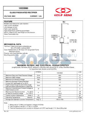 10EDB60 datasheet - GLASS PASSIVATED RECTIFIER VOLTAGE: 600V CURRENT: 1.0A