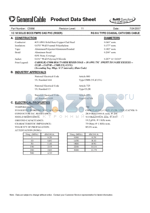 C5886 datasheet - 1C 18 SOLID BCCS FMPE OAS PVC (RISER) RG 6/U TYPE COAXIAL CATV/DBS CABLE