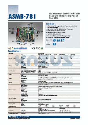 ASMB-781G2-00A1E datasheet - LGA 1155 Intel^ Xeon^ E3 ATX Server Board with 1 PCIe x16 or 2 PCIe x8, Quad LANs