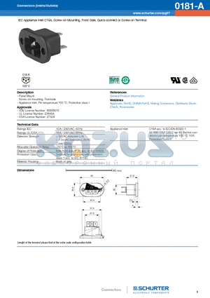 0181-A datasheet - IEC Appliance Inlet C16A, Screw-on Mounting, Front Side, Quick-connect or Screw-on Terminal
