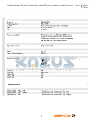 0180400000 datasheet - Modular terminal, accessories, Test plug