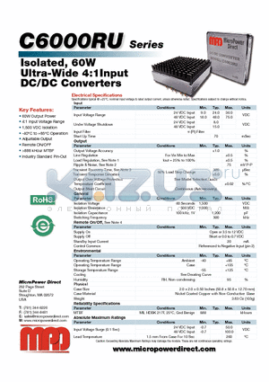C6002RU datasheet - Isolated, 60W Ultra-Wide 4:1Input DC/DC Converters