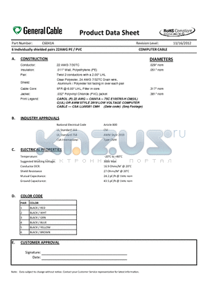 C6041A datasheet - 6 Individually shielded pairs 22AWG PE / PVC COMPUTER CABLE