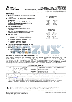 74AVCH2T45DCUTE4 datasheet - DUAL-BIT DUAL-SUPPLY BUS TRANSCEIVER WITH CONFIGURABLE VOLTAGE TRANSLATION AND 3-STATE OUTPUTS