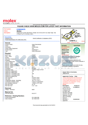 0190030070 datasheet - InsulKrimp Quick Disconnect, Female, for 24-26 (0.20-0.12), Mylar Tape, Tab4.75mm (.187