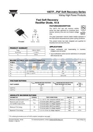 10ETF10PBF datasheet - Fast Soft Recovery Rectifier Diode, 10 A