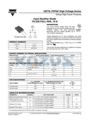 10ETS08FPPBF datasheet - Input Rectifier Diode TO-220 FULL-PAK, 10 A