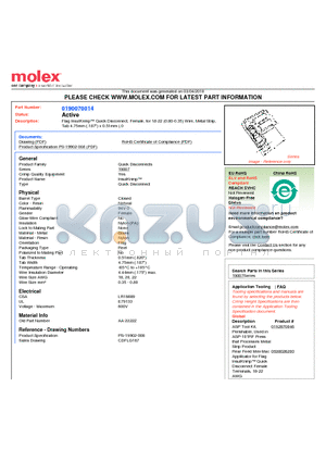 0190070014 datasheet - Flag InsulKrimp Quick Disconnect, Female, for 18-22 (0.80-0.35) Wire, Metal StripTab 4.75mm (.187