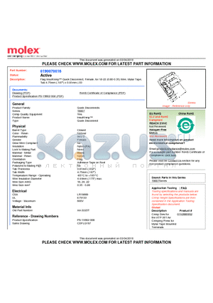 0190070016 datasheet - Flag InsulKrimp Quick Disconnect, Female, for 18-22 (0.80-0.35) Wire, Mylar TapeTab 4.75mm (.187