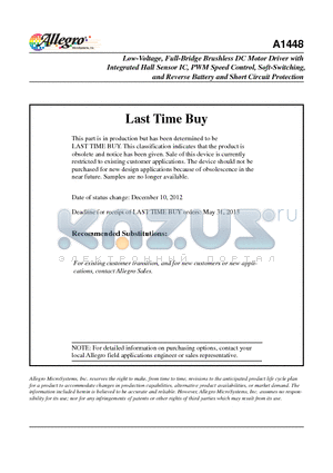 A1448 datasheet - Low-Voltage, Full-Bridge Brushless DC Motor Driver with Integrated Hall Sensor IC, PWM Speed Control, Soft-Switching