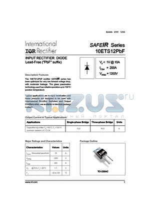 10ETS12 datasheet - INPUT RECTIFIER DIODE Lead-Free (