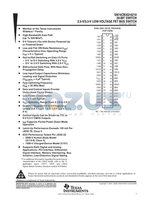 74CB3Q16210DGGRE4 datasheet - 20-BIT SWITCH 2.5-V/3.3-V LOW-VOLTAGE FET BUS SWITCH