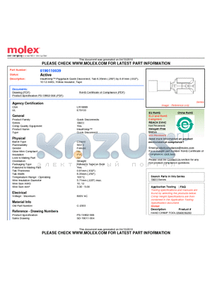 0190110039 datasheet - InsulKrimp Piggyback Quick Disconnect, Tab 6.35mm (.250