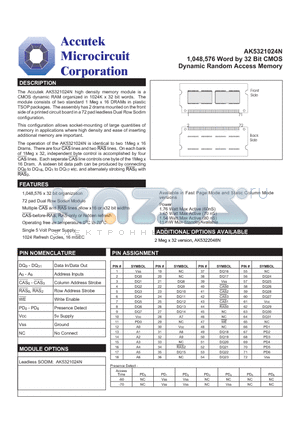 AK5322048N datasheet - 1,048,576 Word by 32 Bit CMOS Dynamic Random Access Memory