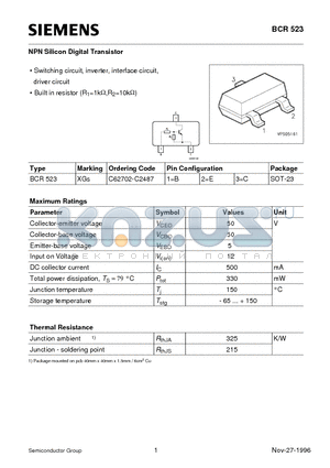 C62702-C2487 datasheet - NPN Silicon Digital Transistor (Switching circuit, inverter, interface circuit, driver circuit)