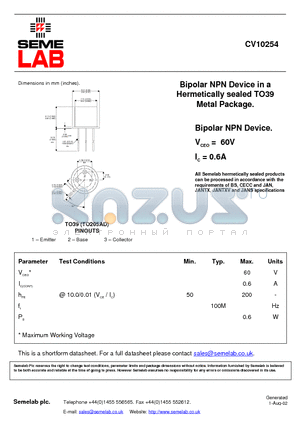 CV10254 datasheet - Bipolar NPN Device in a Hermetically sealed TO39