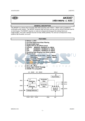 AK5357 datasheet - 24 BIT 96 KHZ ADC