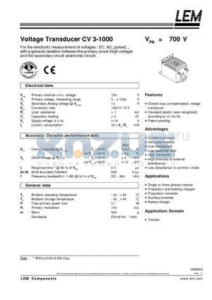 CV3-1000 datasheet - Voltage Transducer