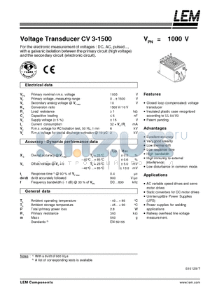 CV3-1500 datasheet - Voltage Transducer