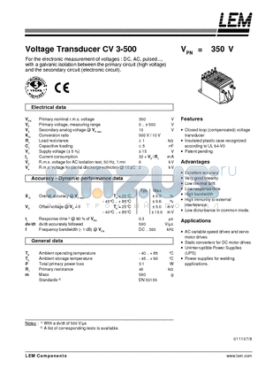 CV3-500 datasheet - Voltage Transducer