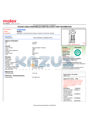 0190670092 datasheet - NylaKrimp Funnel Entry Ring Tongue Terminal for 2 AWG Wire, Stud #9