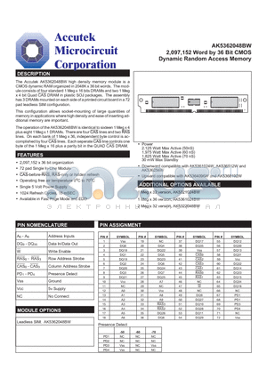 AK5361024W datasheet - 2,097,152 Word by 36 Bit CMOS Dynamic Random Access Memory