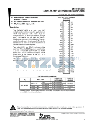 74CBT16233DGGRE4 datasheet - 16-BIT 1-OF-2 FET MULTIPLEXER/DEMULTIPLEXER