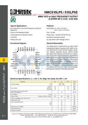 510LP5E datasheet - MMIC VCO w/ HALF FREQUENCY OUTPUT & DIVIDE-BY-4, 8.45 - 9.55 GHz