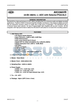 AK5366VR datasheet - 24-Bit 48kHz DS ADC with Selector/PGA/ALC